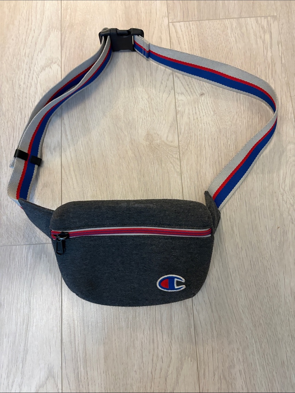 Champion Gray Logo Waist Pack with Tricolor Strap